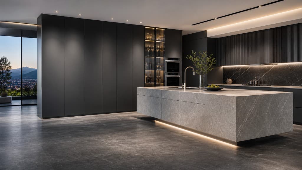 Modern dark kitchen with light stone island and warm under-cabinet lighting